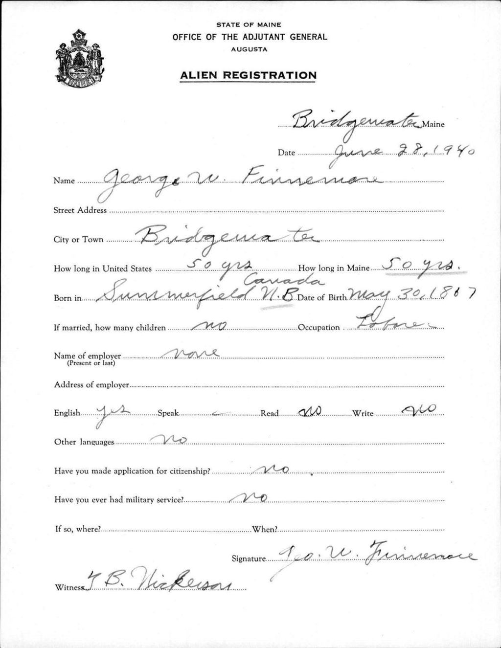 Miniature of Alien Registration- Finnemore, George W. (Bridgewater, Aroostook County)
