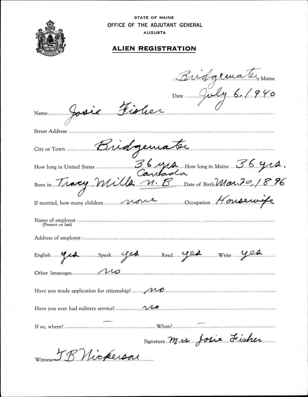 Miniature of Alien Registration- Fisher, Josie (Bridgewater, Aroostook County)