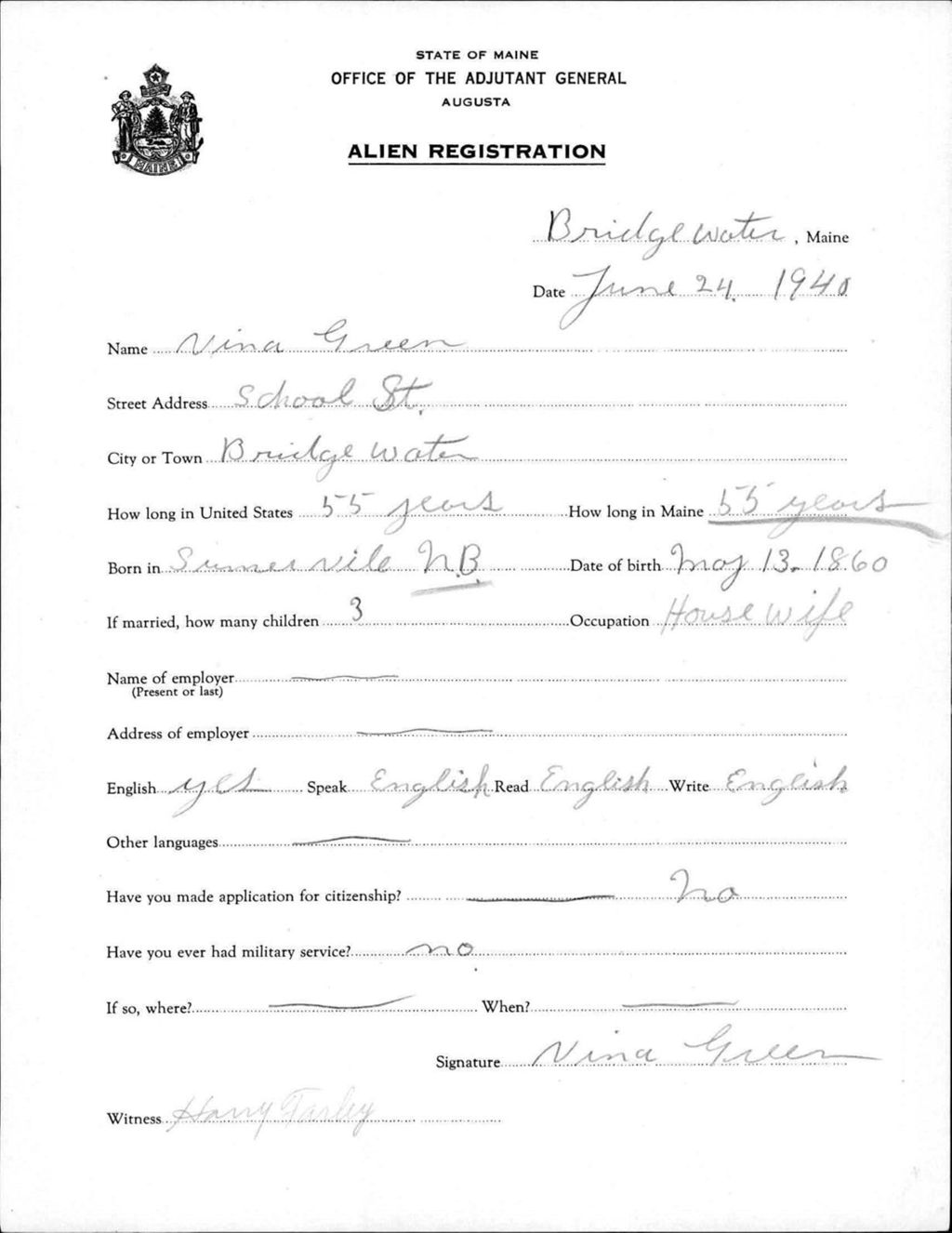 Miniature of Alien Registration- Green, Vina (Bridgewater, Aroostook County)