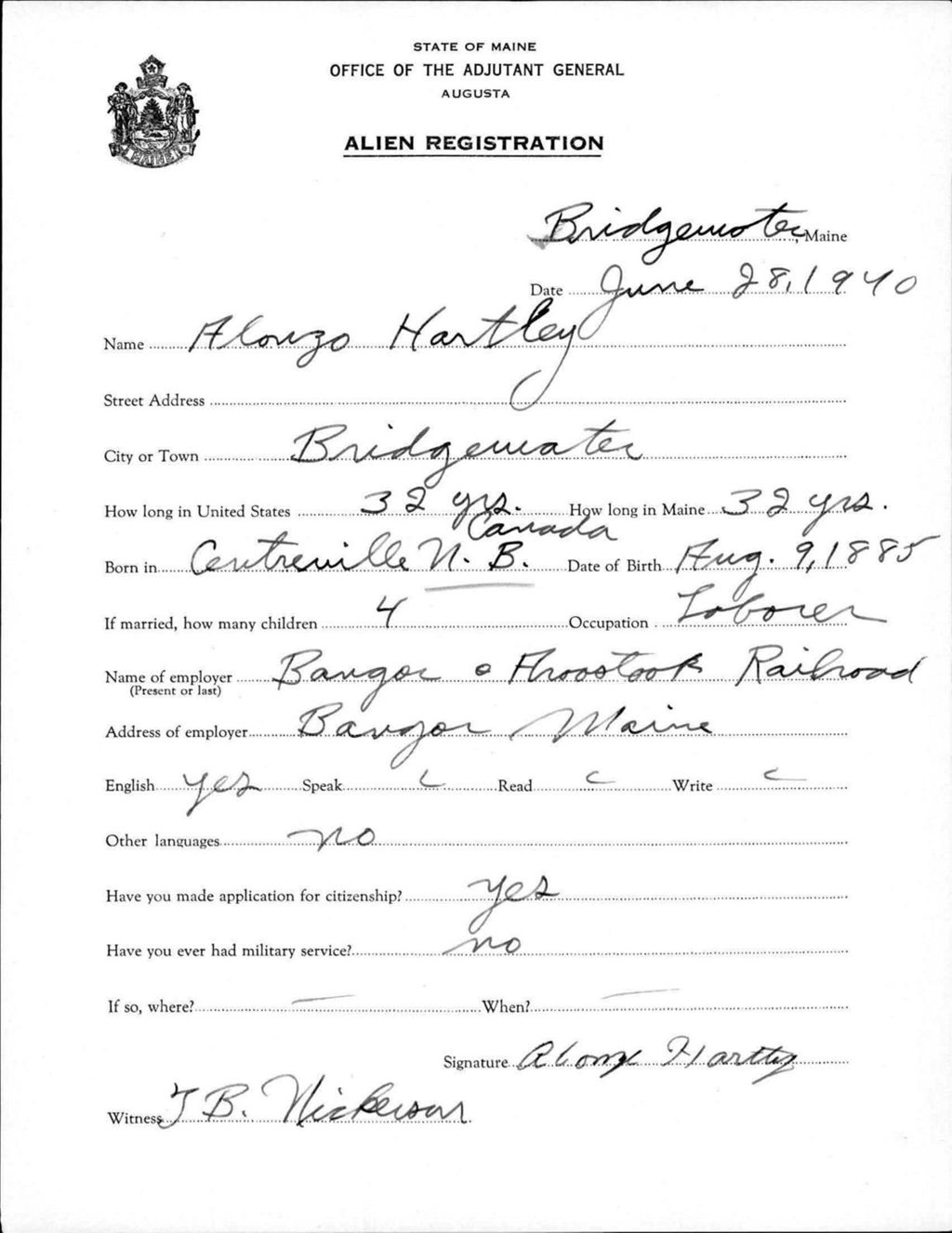 Miniature of Alien Registration- Hartley, Alonzo (Bridgewater, Aroostook County)