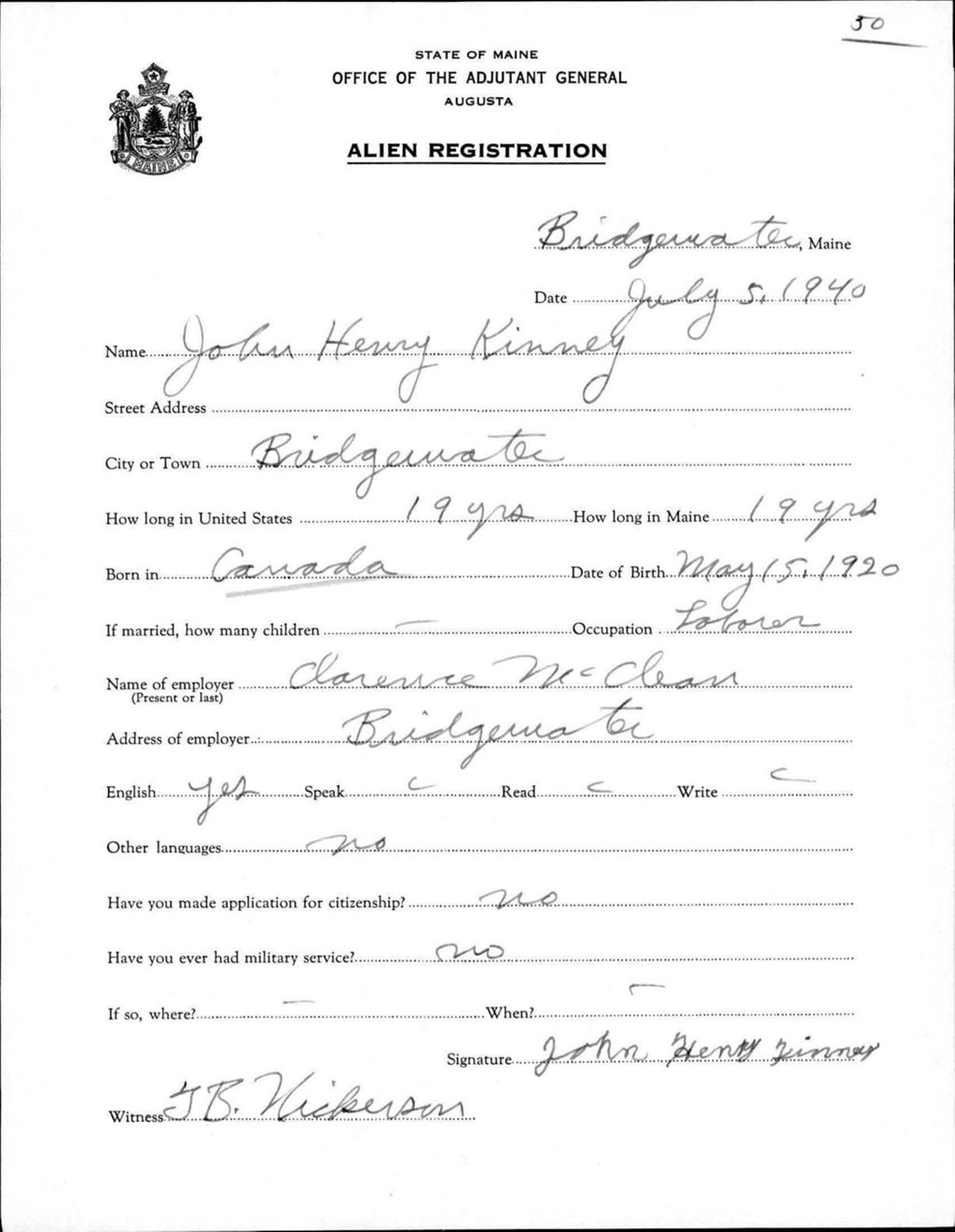 Miniature of Alien Registration- Kinney, John H. (Bridgewater, Aroostook County)