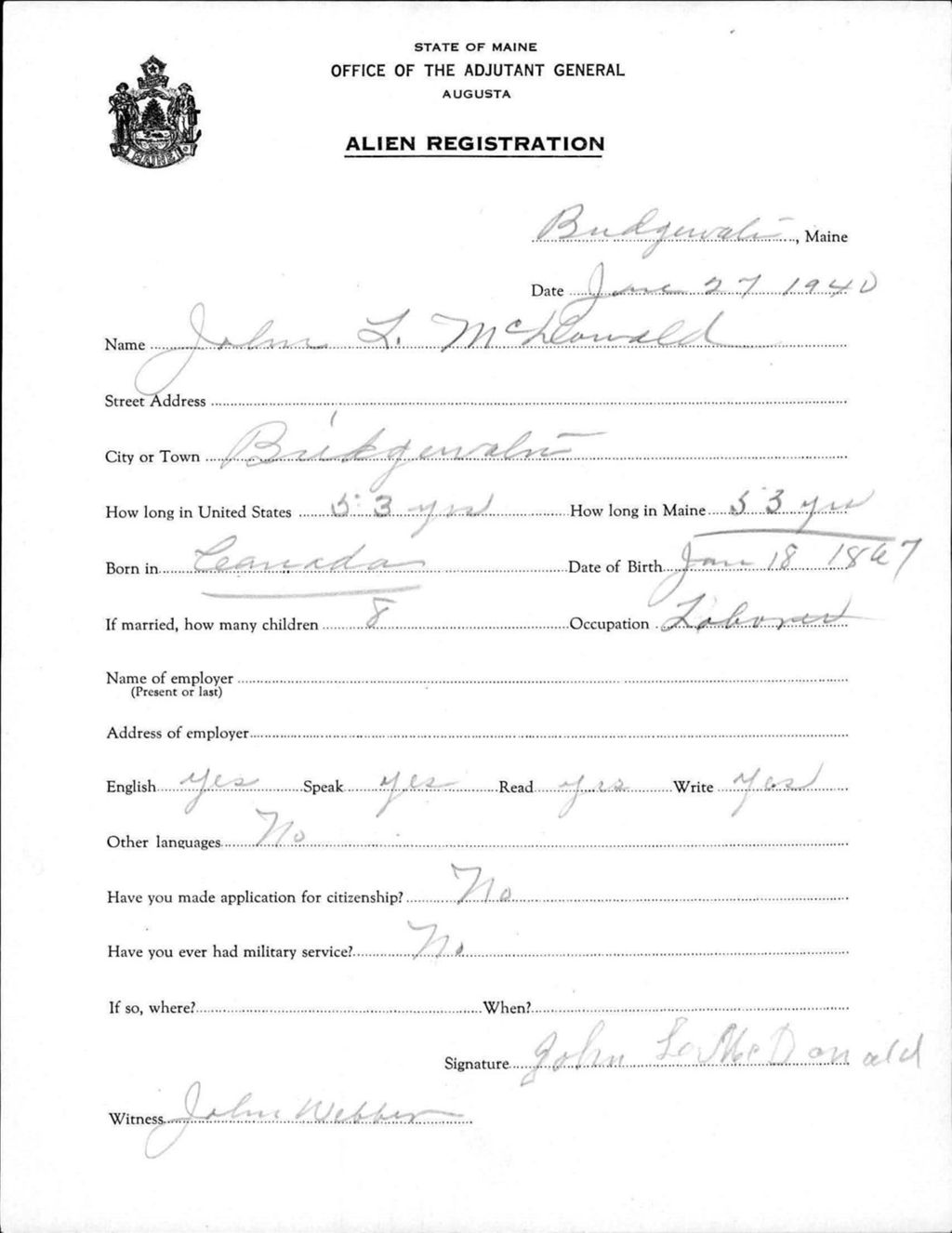 Miniature of Alien Registration- Mcdonald, John L. (Bridgewater, Aroostook County)