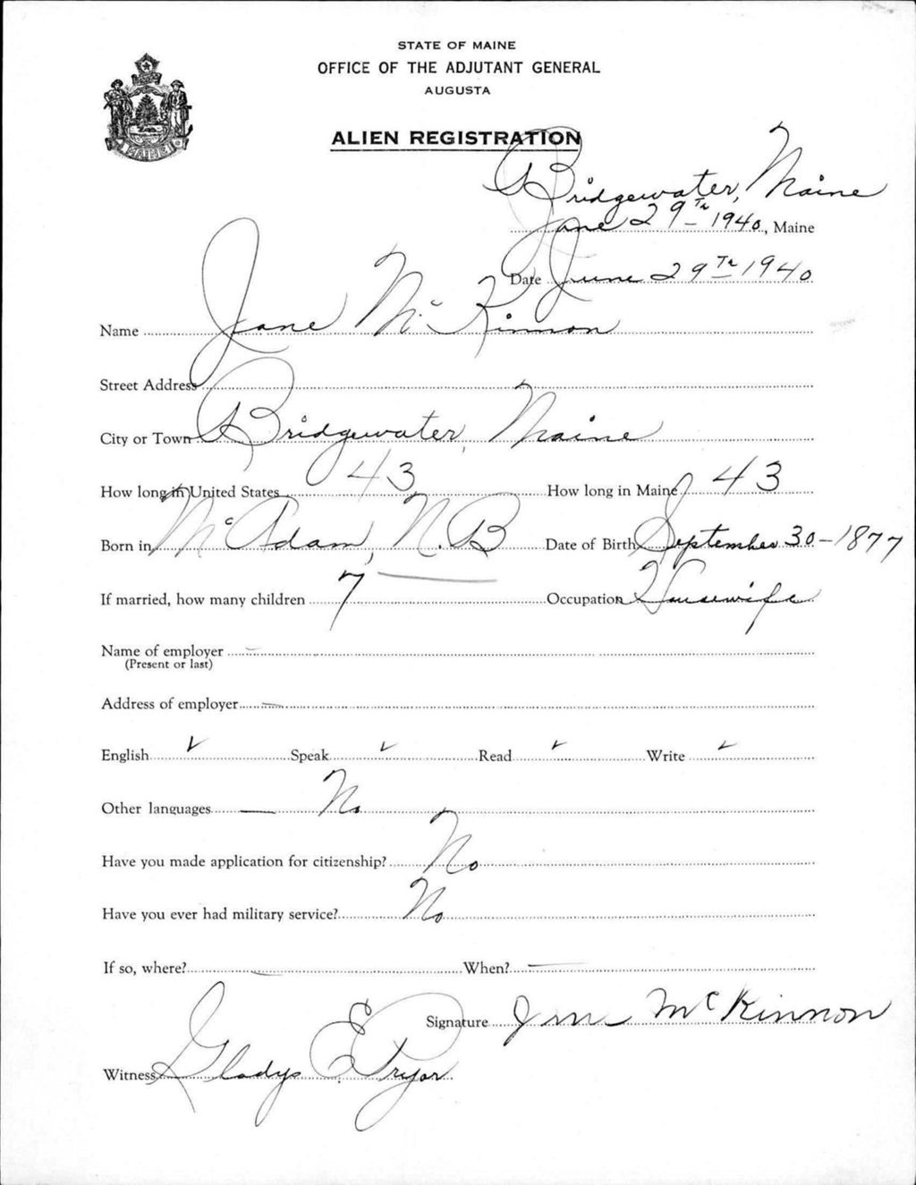 Miniature of Alien Registration- Mckinnon, Jane (Bridgewater, Aroostook County)