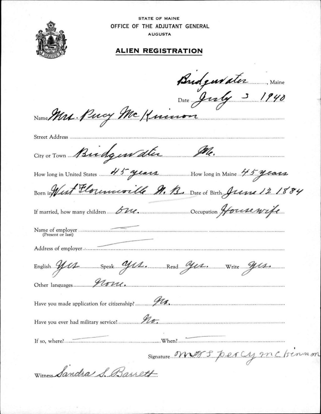 Miniature of Alien Registration- Mckinnon, Percy (Bridgewater, Aroostook County)