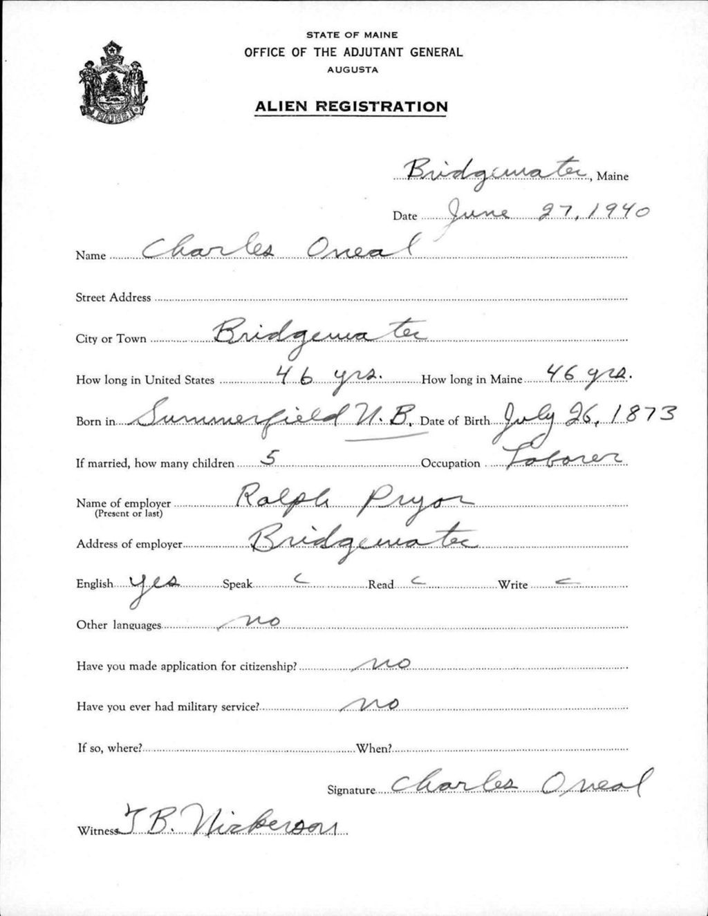 Miniature of Alien Registration- Oneal, Charles (Bridgewater, Aroostook County)