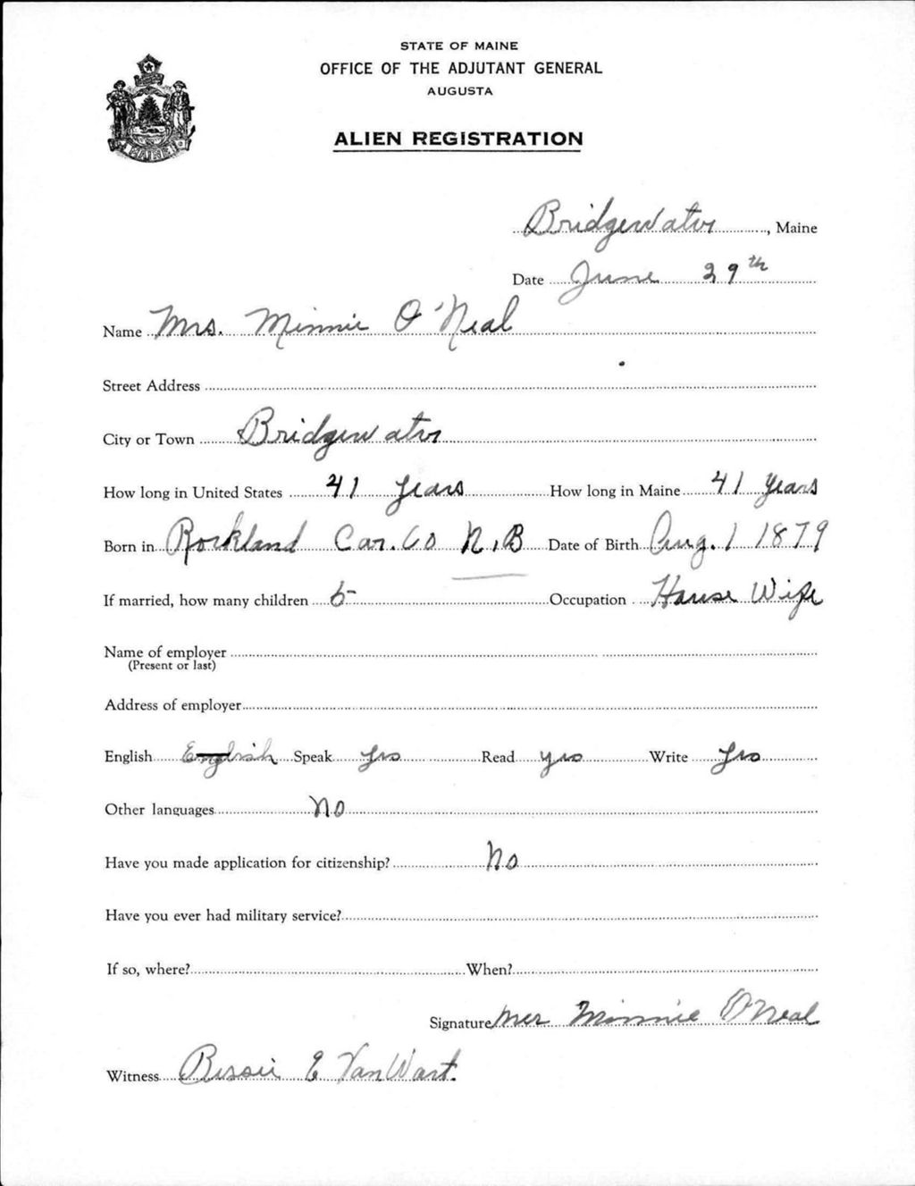 Miniature of Alien Registration- O'Neal, Minnie (Bridgewater, Aroostook County)