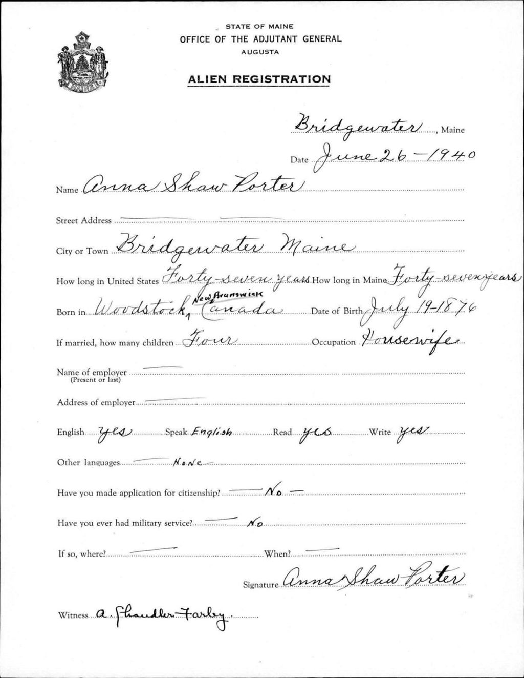 Miniature of Alien Registration- Shaw, Anna (Bridgewater, Aroostook County)