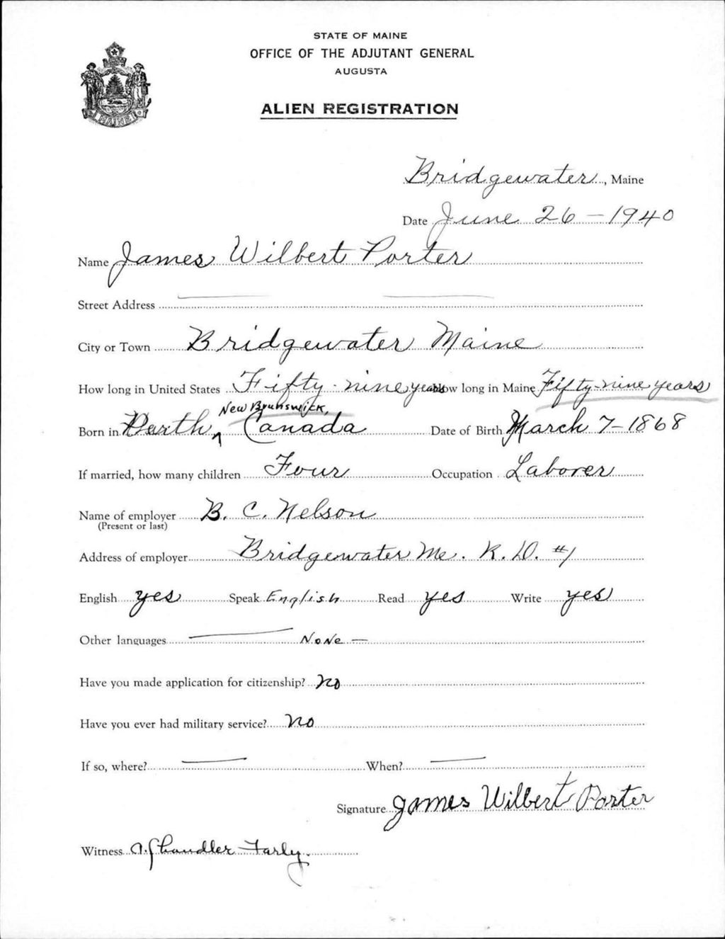 Miniature of Alien Registration- Porter, James W. (Bridgewater, Aroostook County)