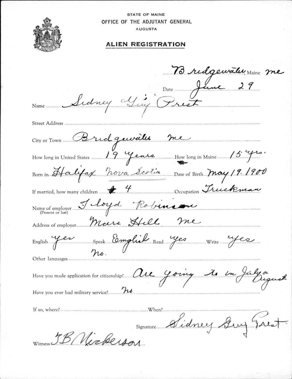 Miniature of Alien Registration- Prest, Sidney G. (Bridgewater, Aroostook County)