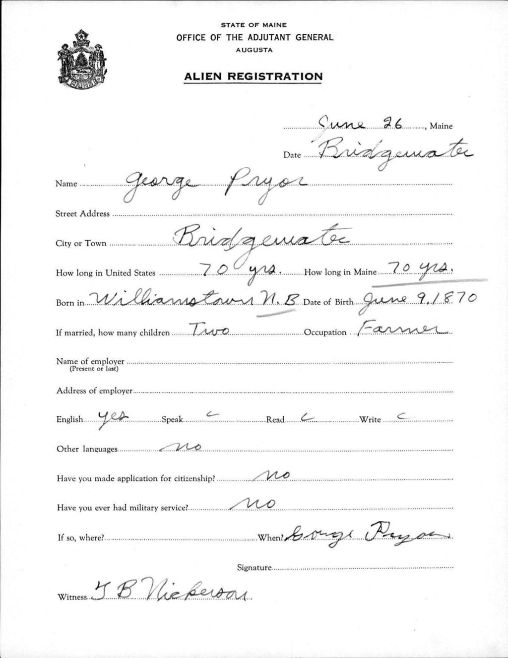 Miniature of Alien Registration- Pryor, George (Bridgewater, Aroostook County)