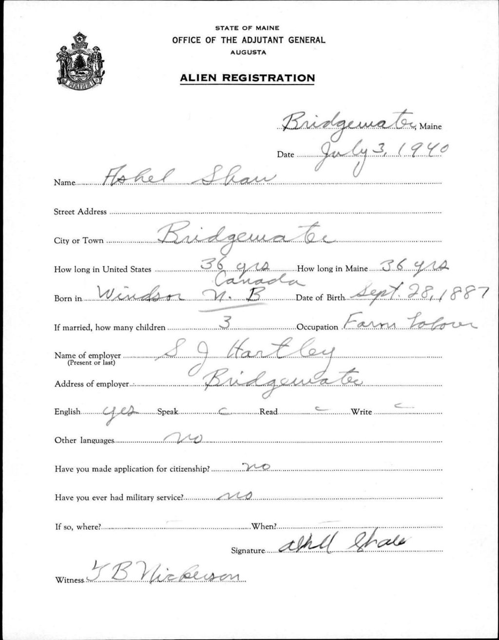 Miniature of Alien Registration- Shaw, Ashel (Bridgewater, Aroostook County)