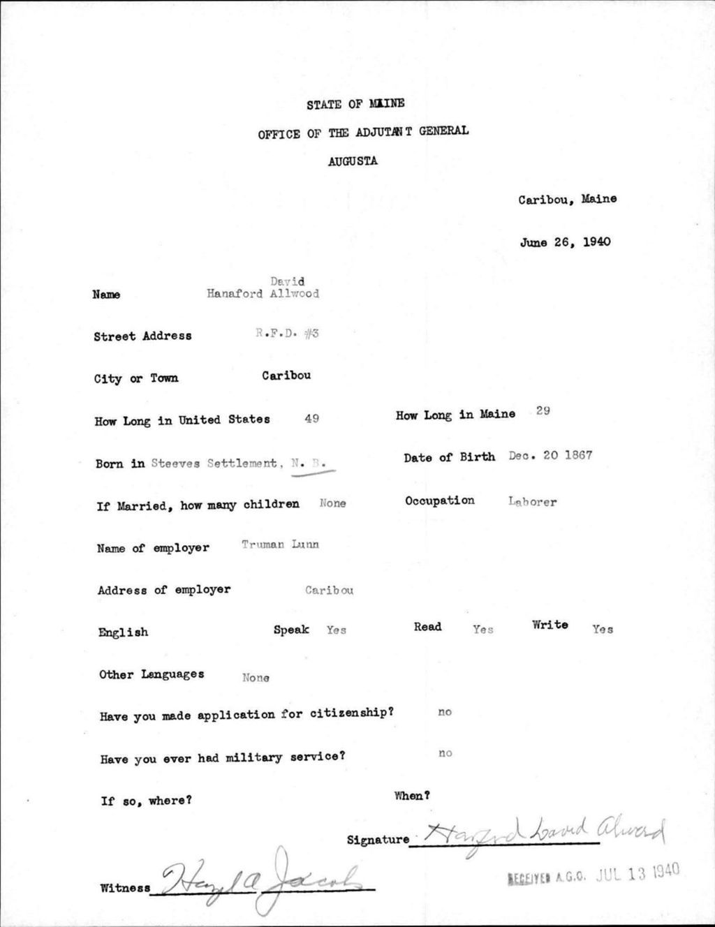 Miniature of Alien Registration- Allwood, Hanaford D. (Caribou, Aroostook County)