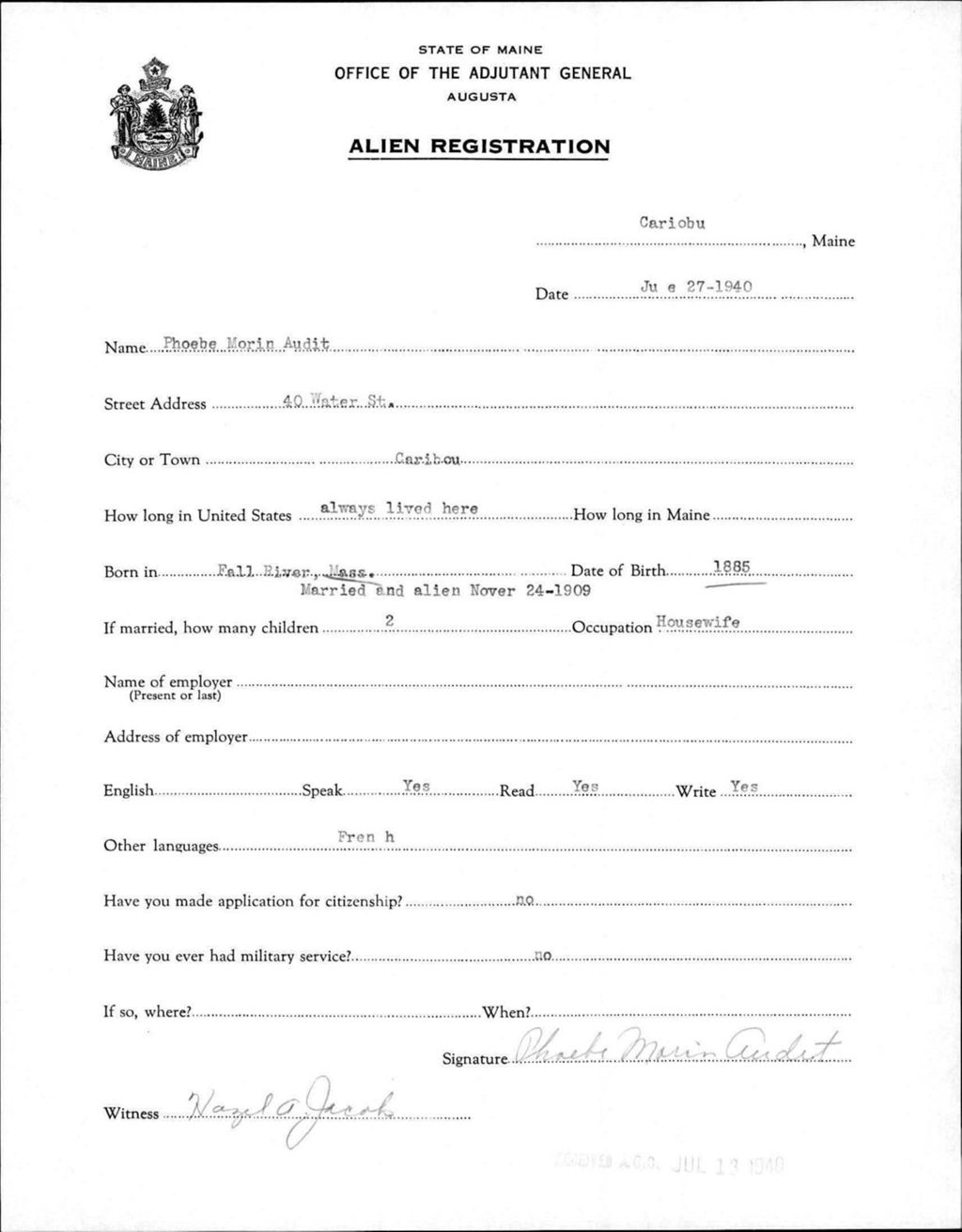 Miniature of Alien Registration- Morin, Phoebe (Caribou, Aroostook County)