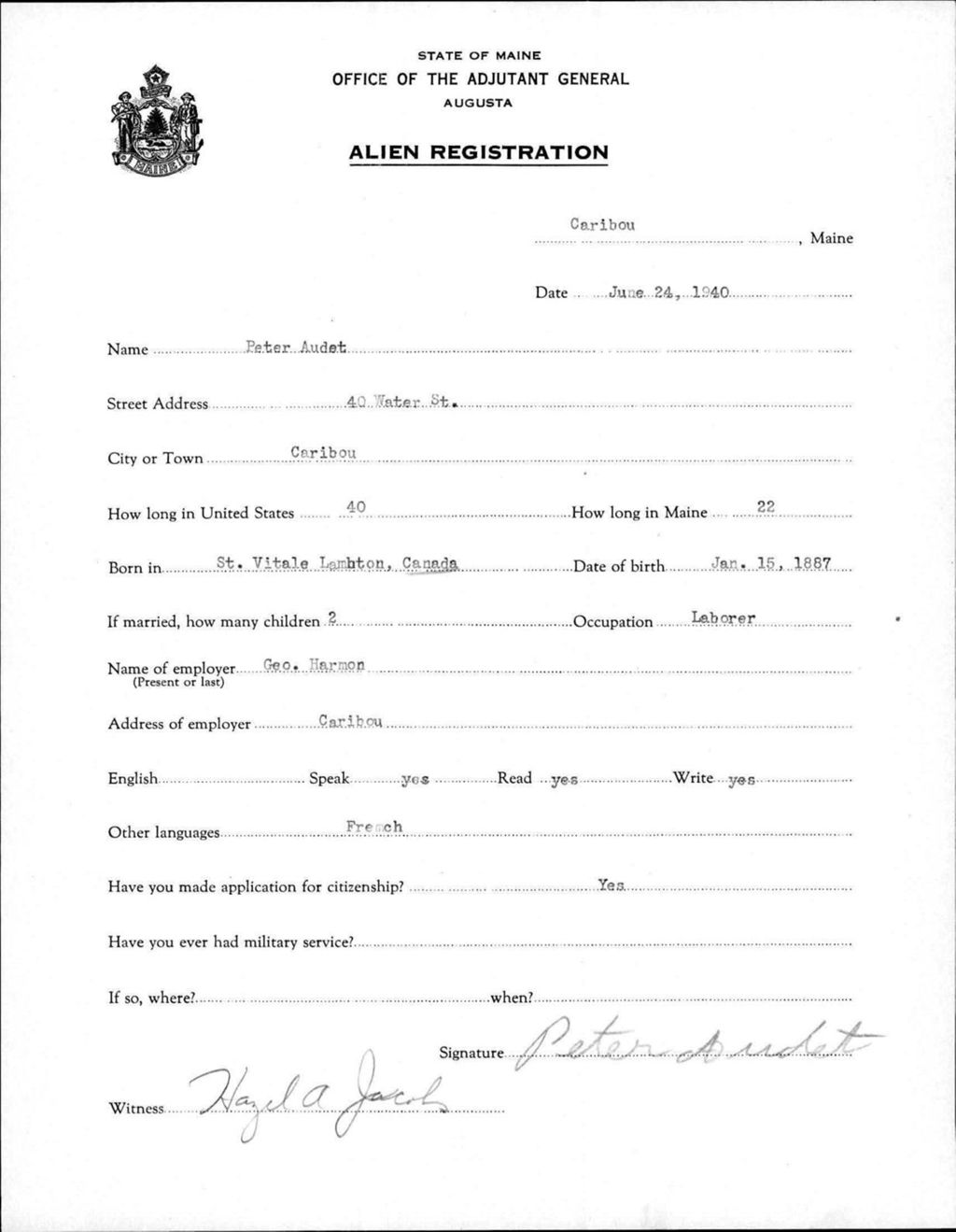 Miniature of Alien Registration- Audet, Peter (Caribou, Aroostook County)