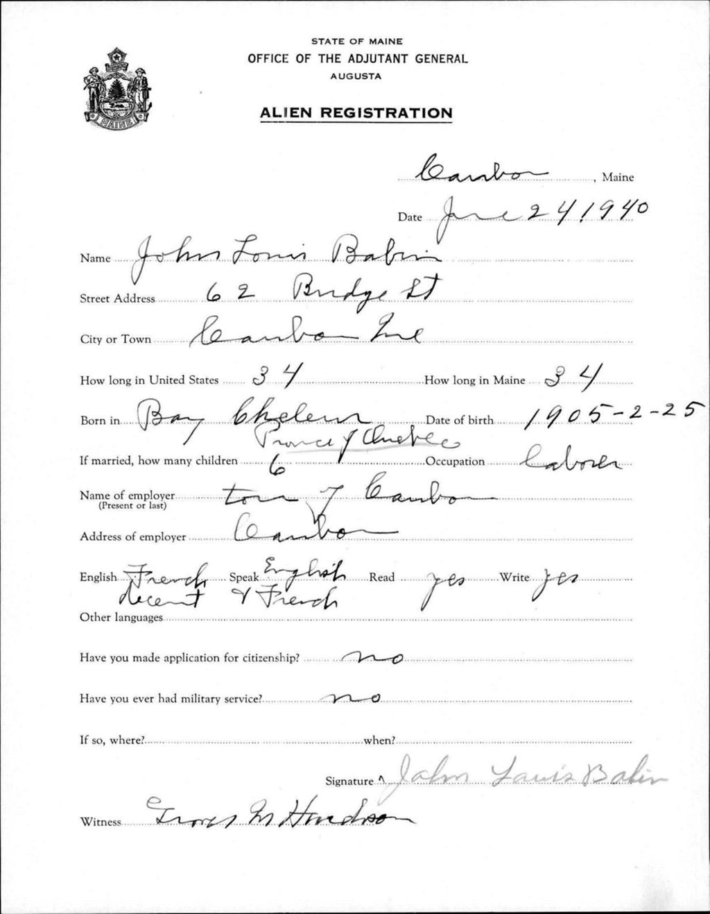 Miniature of Alien Registration- Babin, John L. (Caribou, Aroostook County)