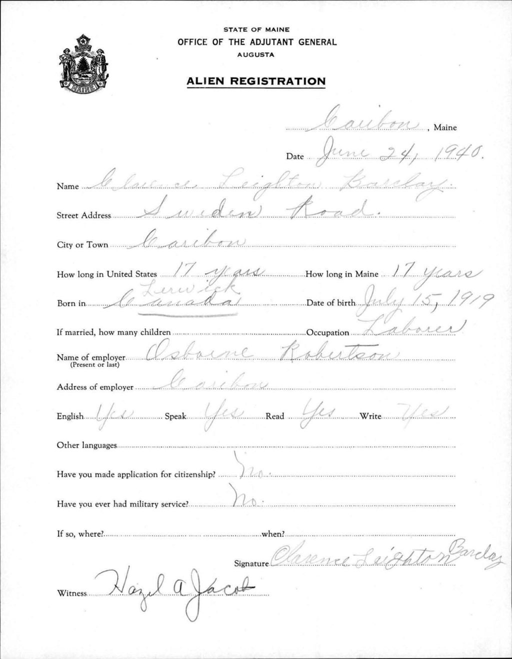 Miniature of Alien Registration- Barclay, Clarence L. (Caribou, Aroostook County)