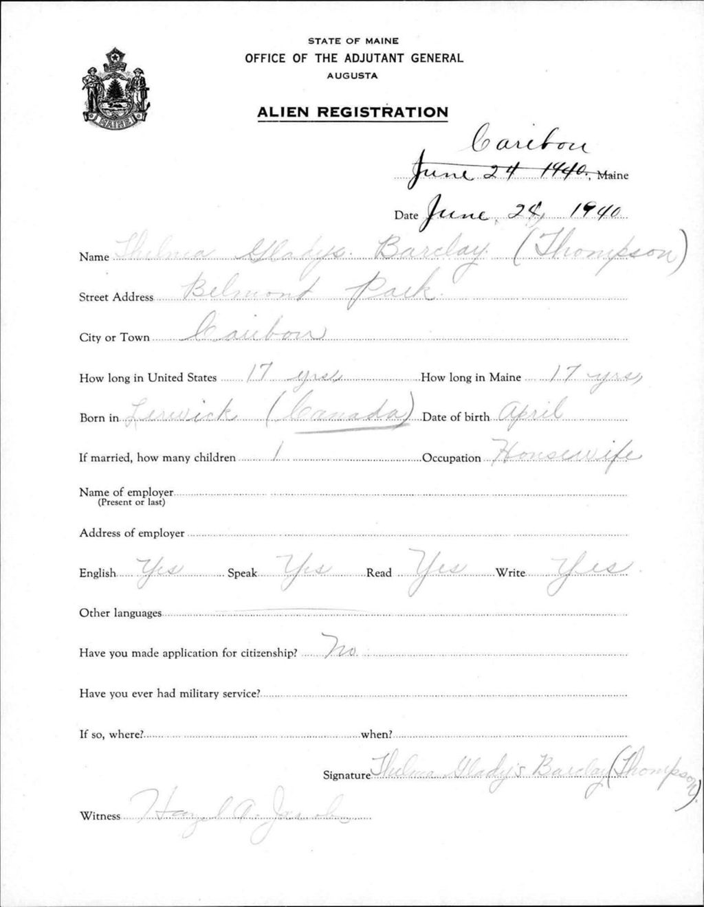Miniature of Alien Registration- Thompson, Thelma G. (Caribou, Aroostook County)