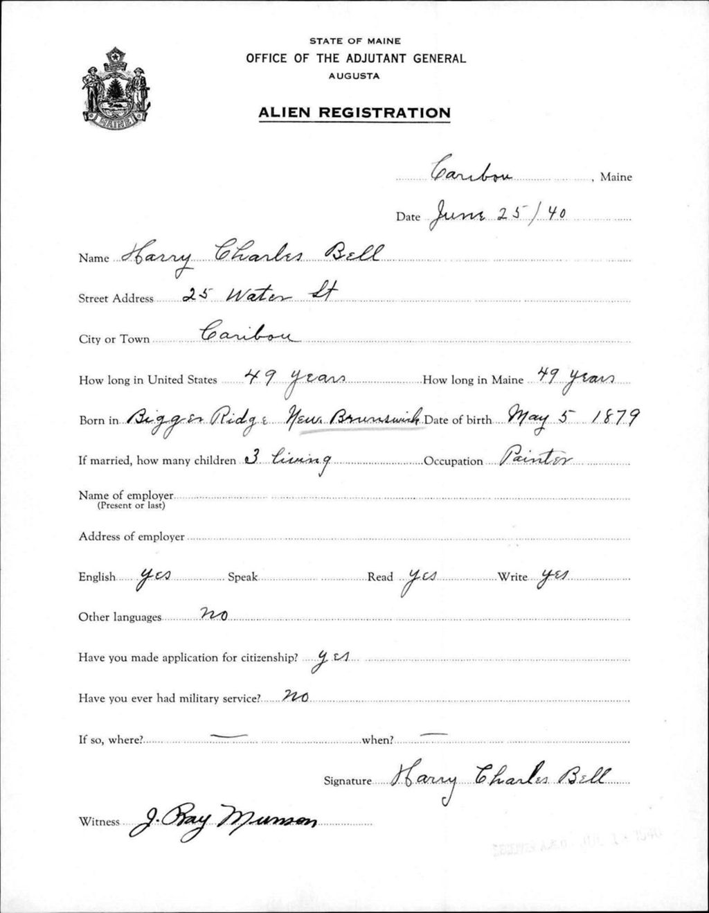 Miniature of Alien Registration- Bell, Harry C. (Caribou, Aroostook County)