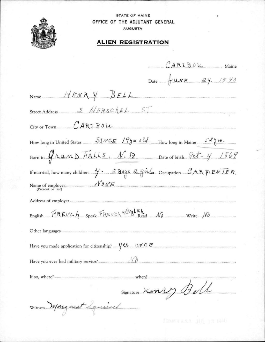 Miniature of Alien Registration- Bell, Henry (Caribou, Aroostook County)