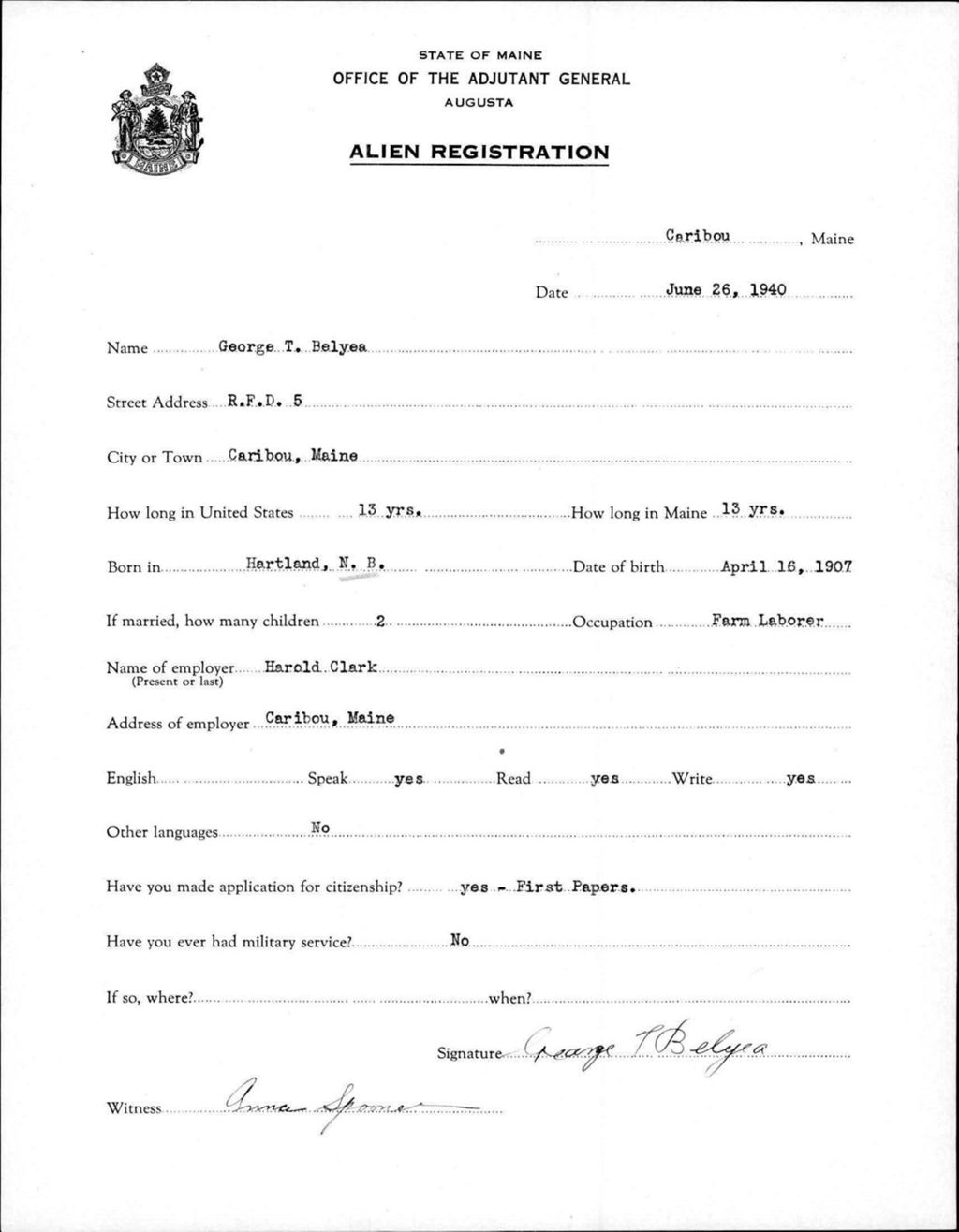 Miniature of Alien Registration- Belyea, George T. (Caribou, Aroostook County)