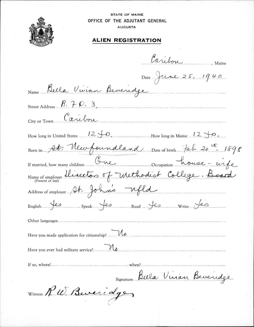 Miniature of Alien Registration- Beveridge, Bella V. (Caribou, Aroostook County)