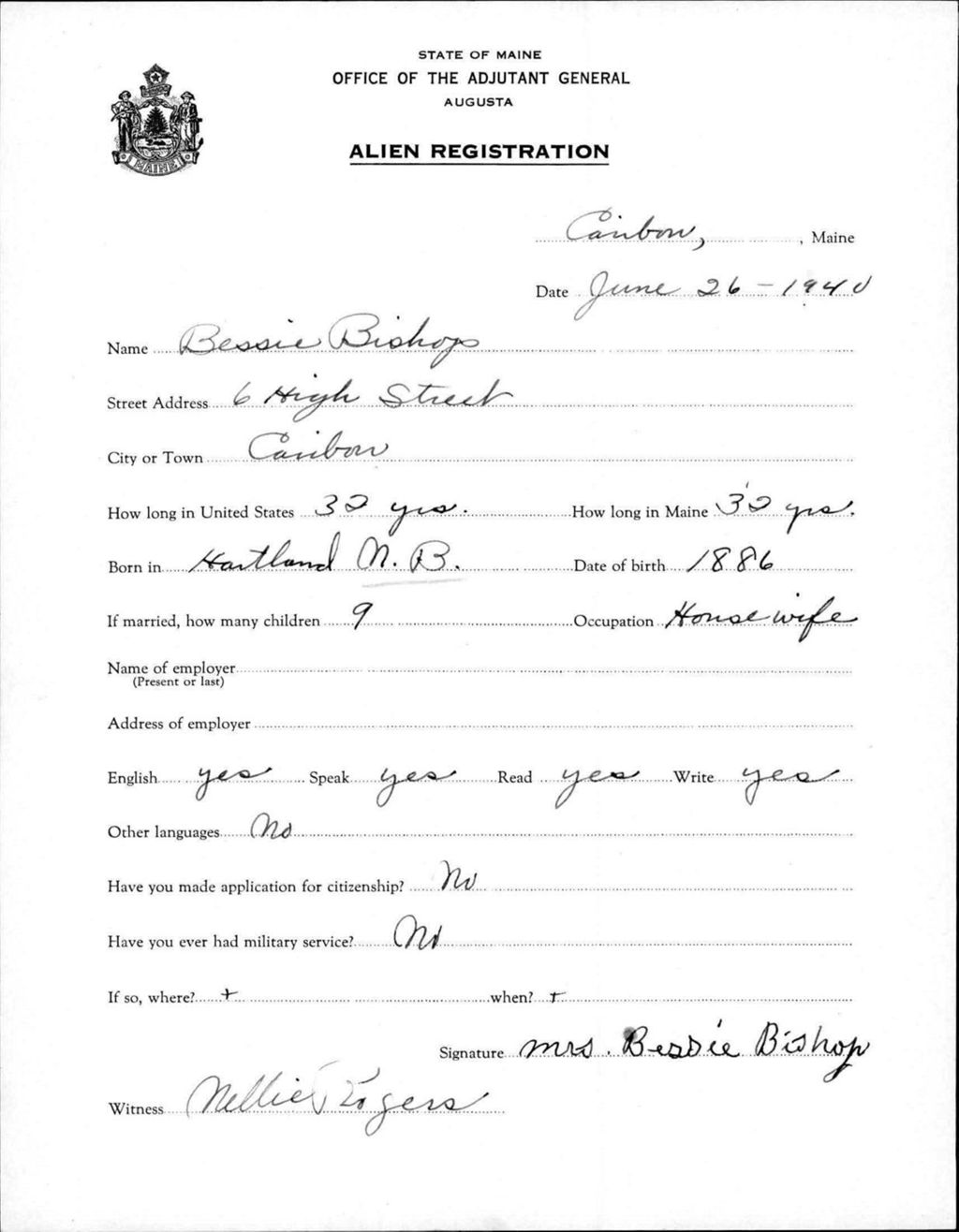 Miniature of Alien Registration- Bishop, Bessie (Caribou, Aroostook County)