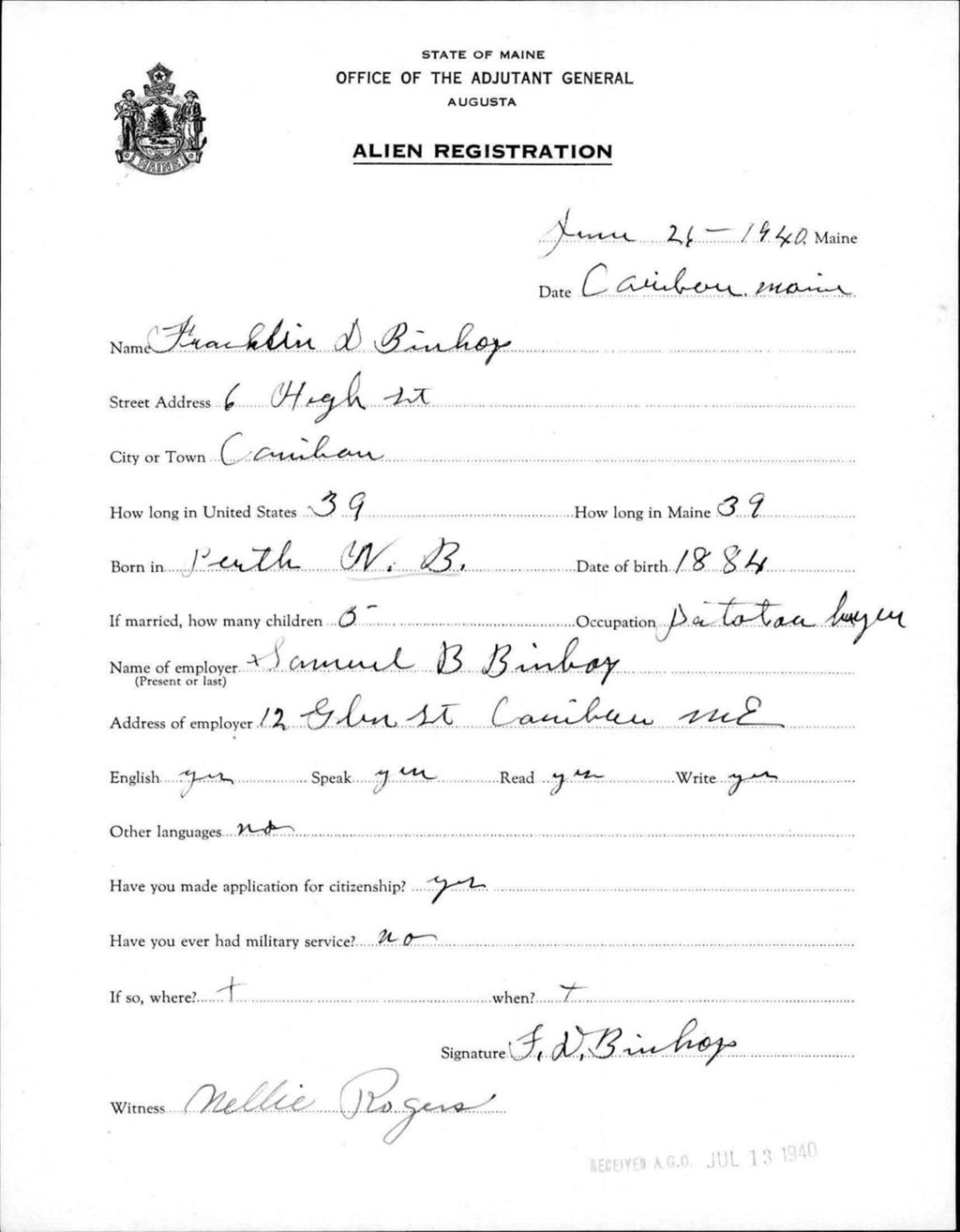 Miniature of Alien Registration- Bishop, Franklin D. (Caribou, Aroostook County)