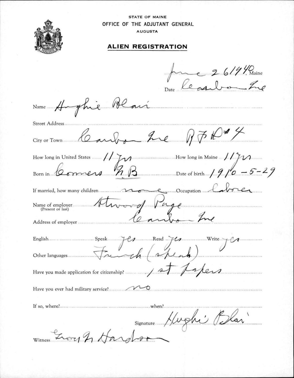 Miniature of Alien Registration- Blair, Hughie (Caribou, Aroostook County)