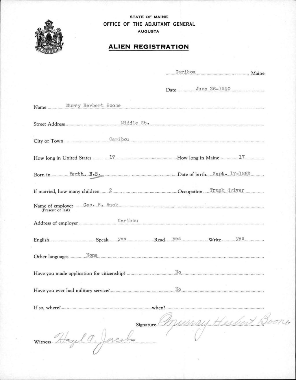 Miniature of Alien Registration- Boone, Murray H. (Caribou, Aroostook County)