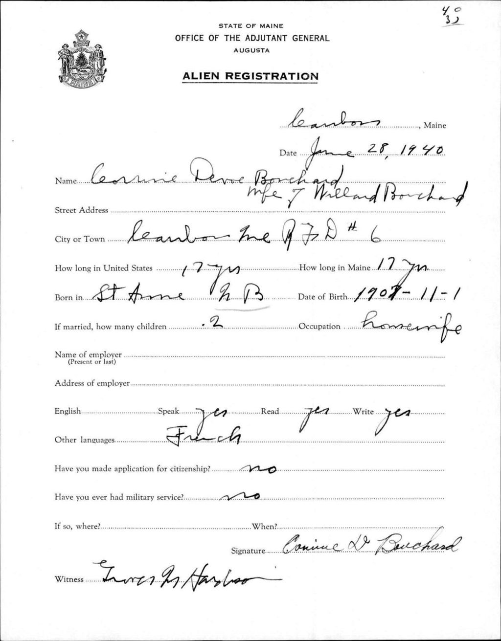 Miniature of Alien Registration- Devoe, Cornine (Caribou, Aroostook County)