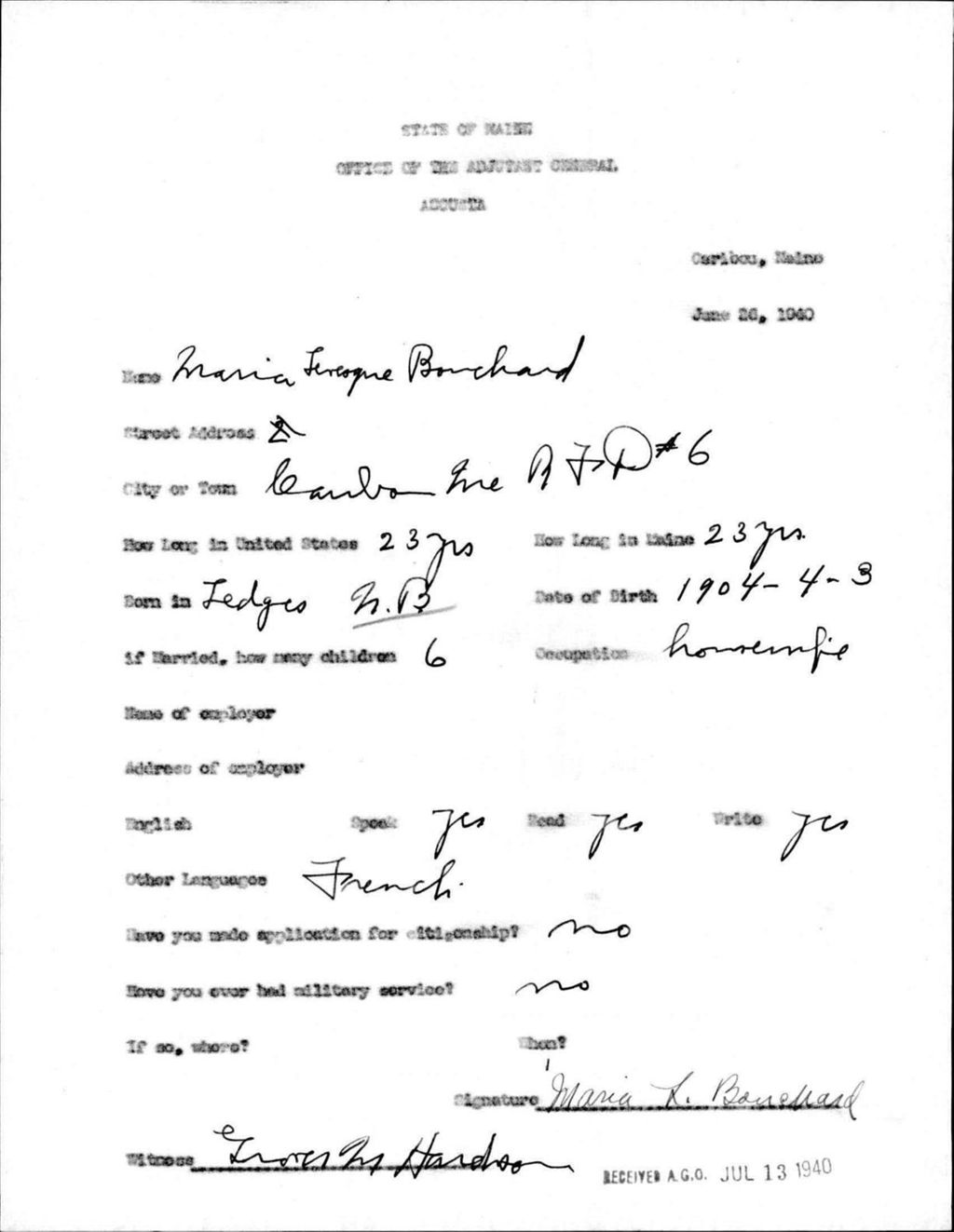 Miniature of Alien Registration- Levesque, Maria (Caribou, Aroostook County)