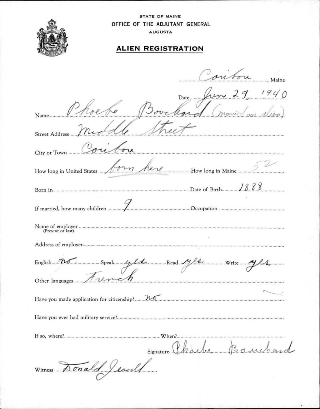Miniature of Alien Registration- Bouchard, Phoebe (Caribou, Aroostook County)