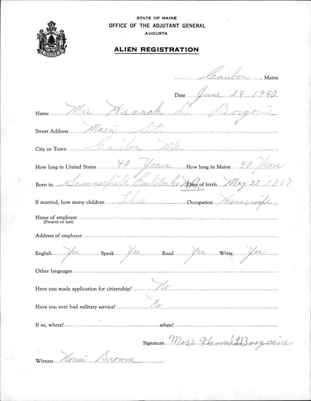 Miniature of Alien Registration- Borgoine, Hannah L. (Caribou, Aroostook County)