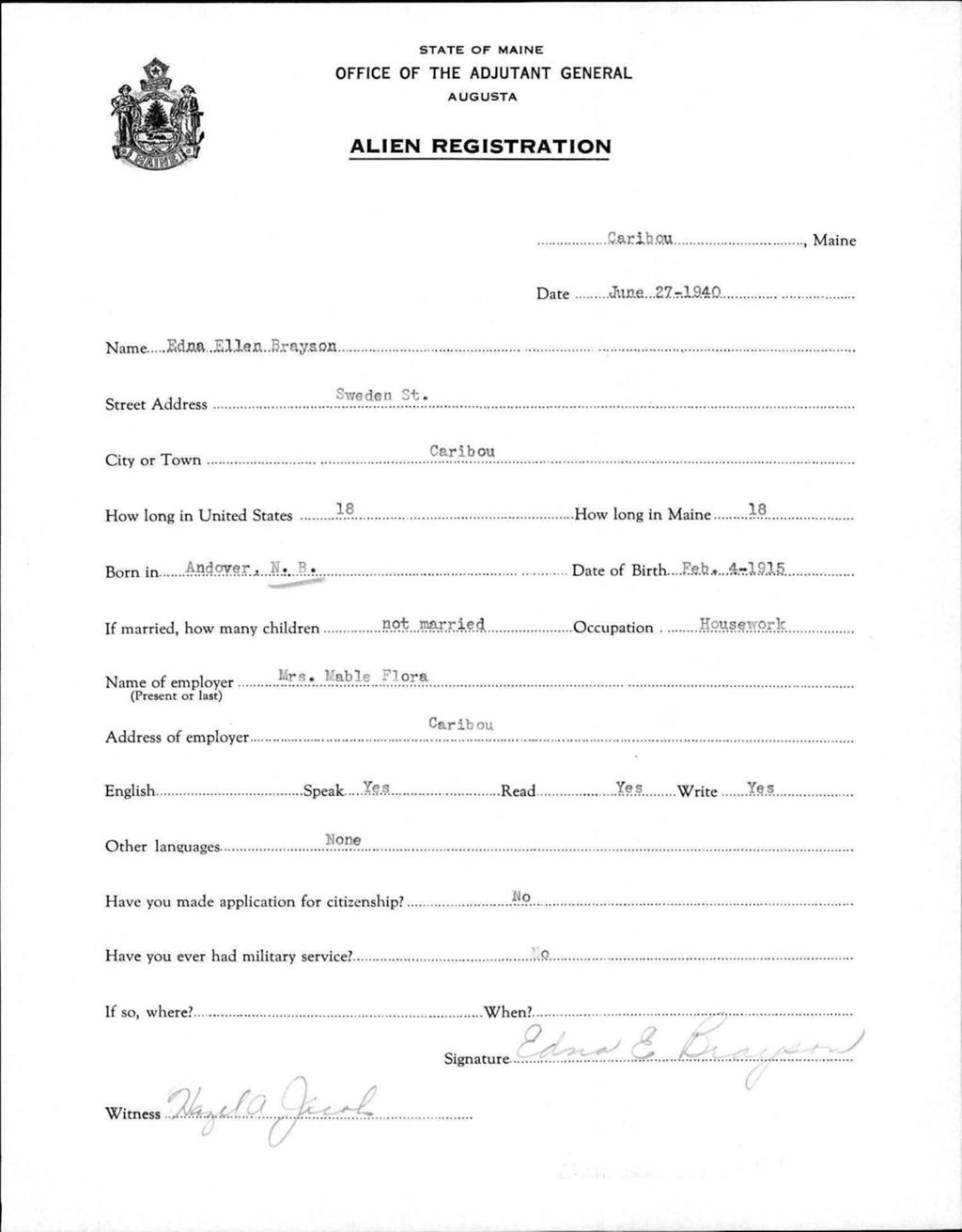 Miniature of Alien Registration- Brayson, Edna E. (Caribou, Aroostook County)