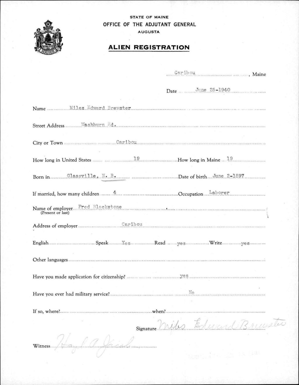 Miniature of Alien Registration- Brewster, Miles E. (Caribou, Aroostook County)