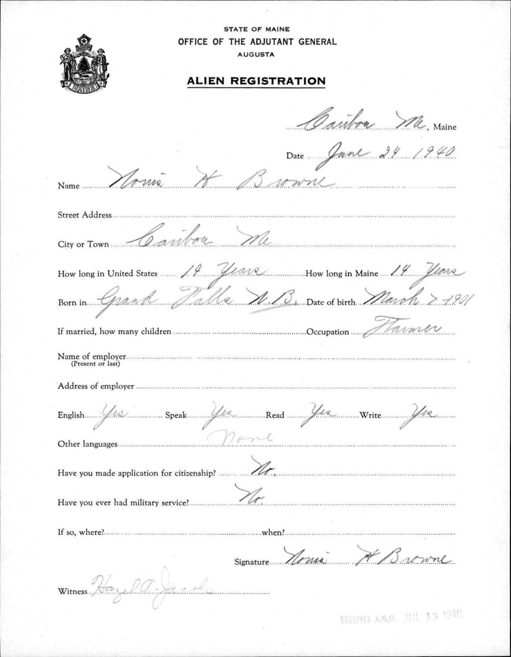 Miniature of Alien Registration- Brown, Norris H. (Caribou, Aroostook County)
