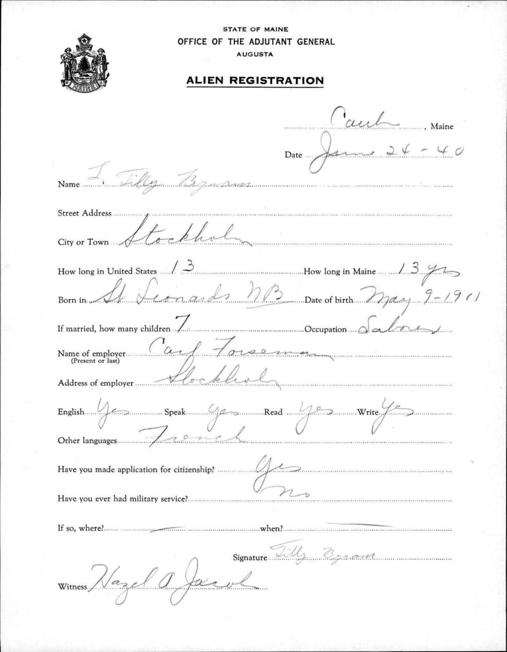 Miniature of Alien Registration- Bryam, L. Tilly (Caribou, Aroostook County)