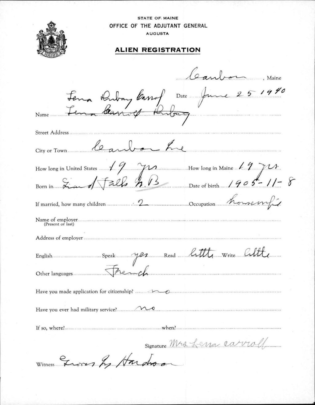 Miniature of Alien Registration- Dubay, Lena (Caribou, Aroostook County)