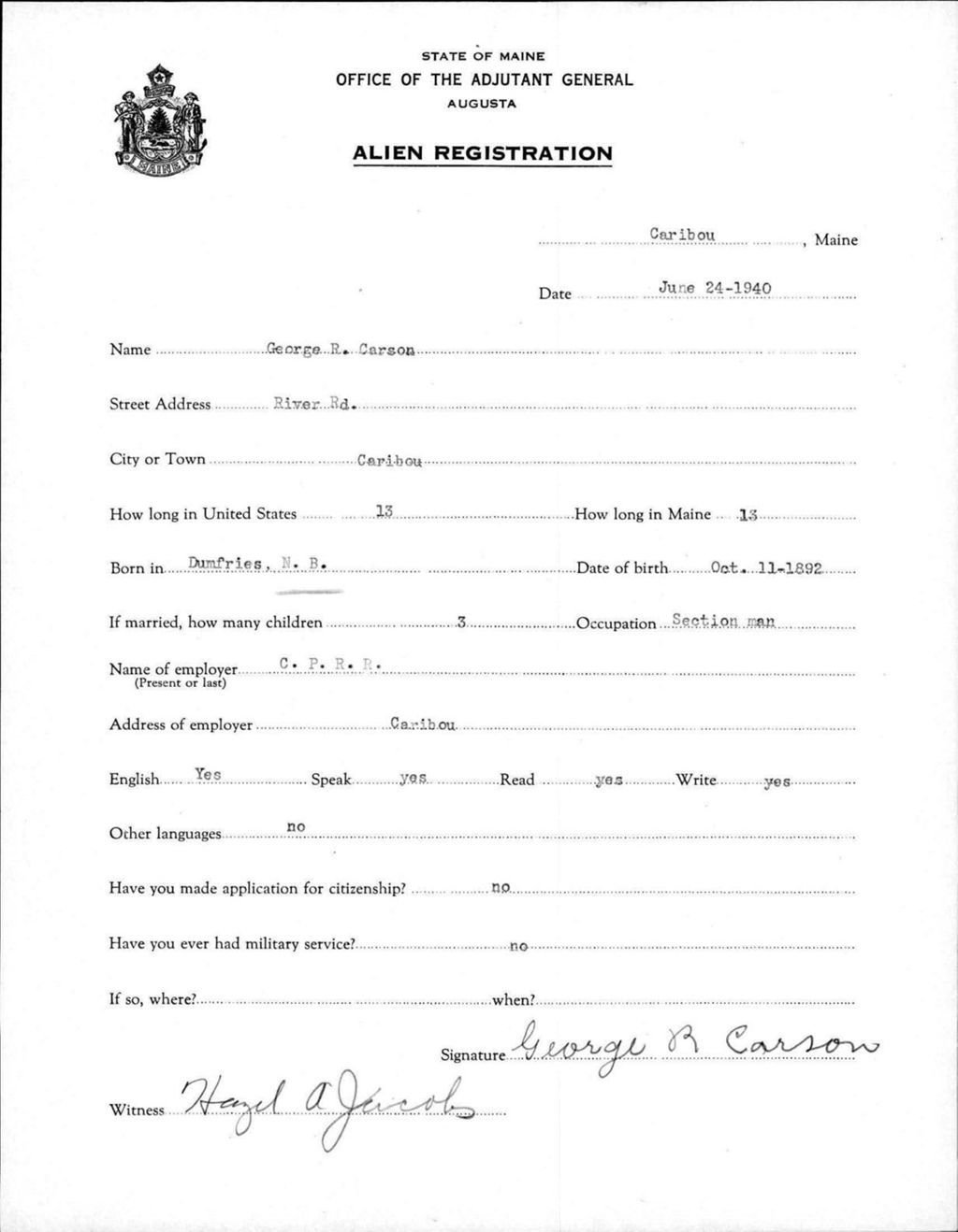 Miniature of Alien Registration- Carson, George R. (Caribou, Aroostook County)