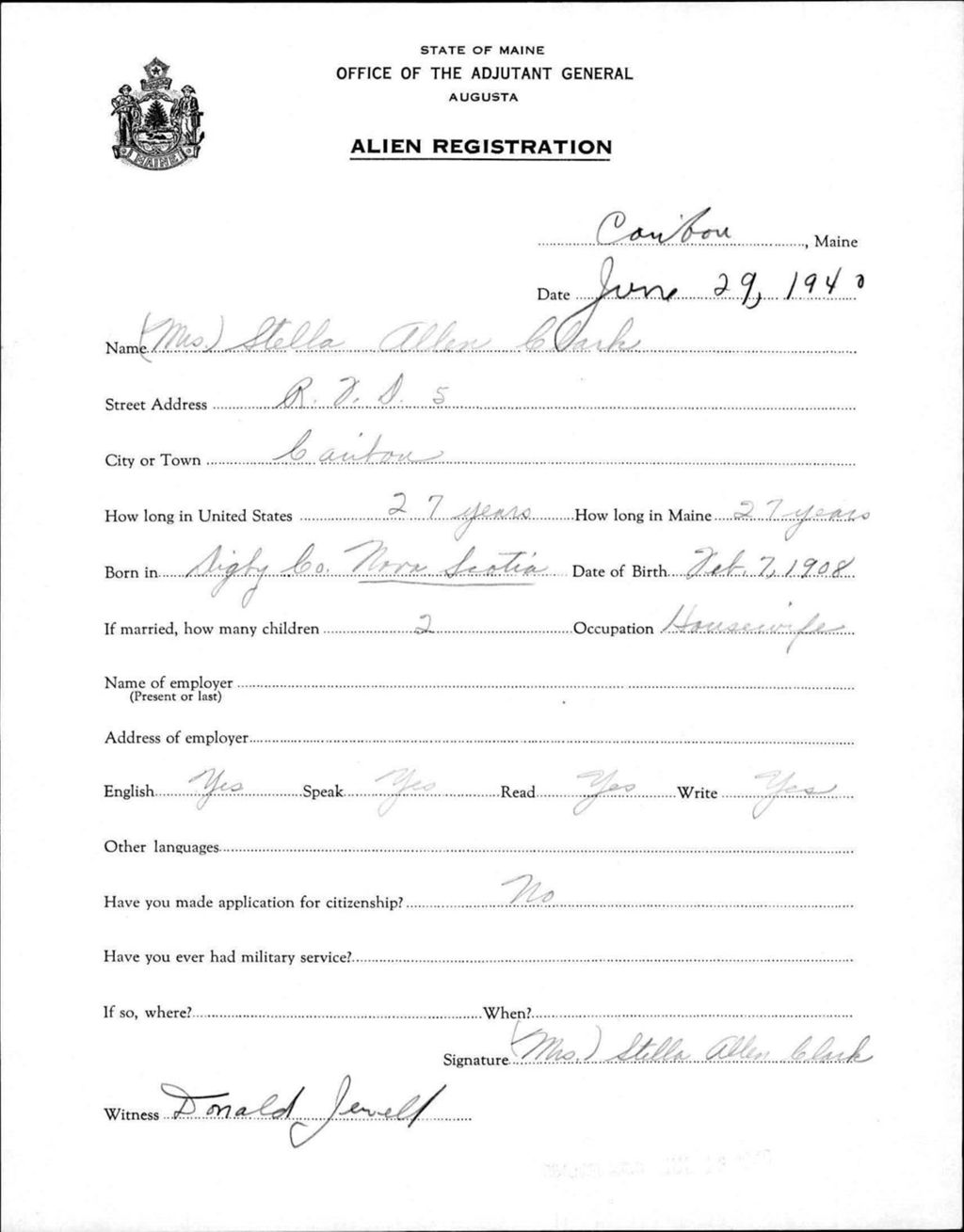 Miniature of Alien Registration- Allen, Stella (Caribou, Aroostook County)