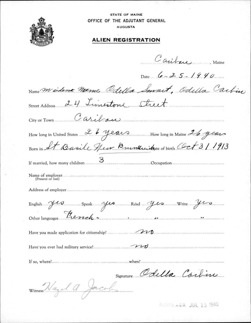 Miniature of Alien Registration- Smart, Odella (Caribou, Aroostook County)