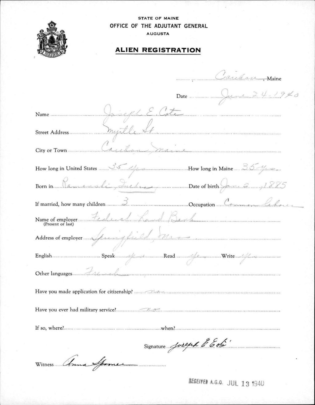 Miniature of Alien Registration- Cote, Joseph E. (Caribou, Aroostook County)