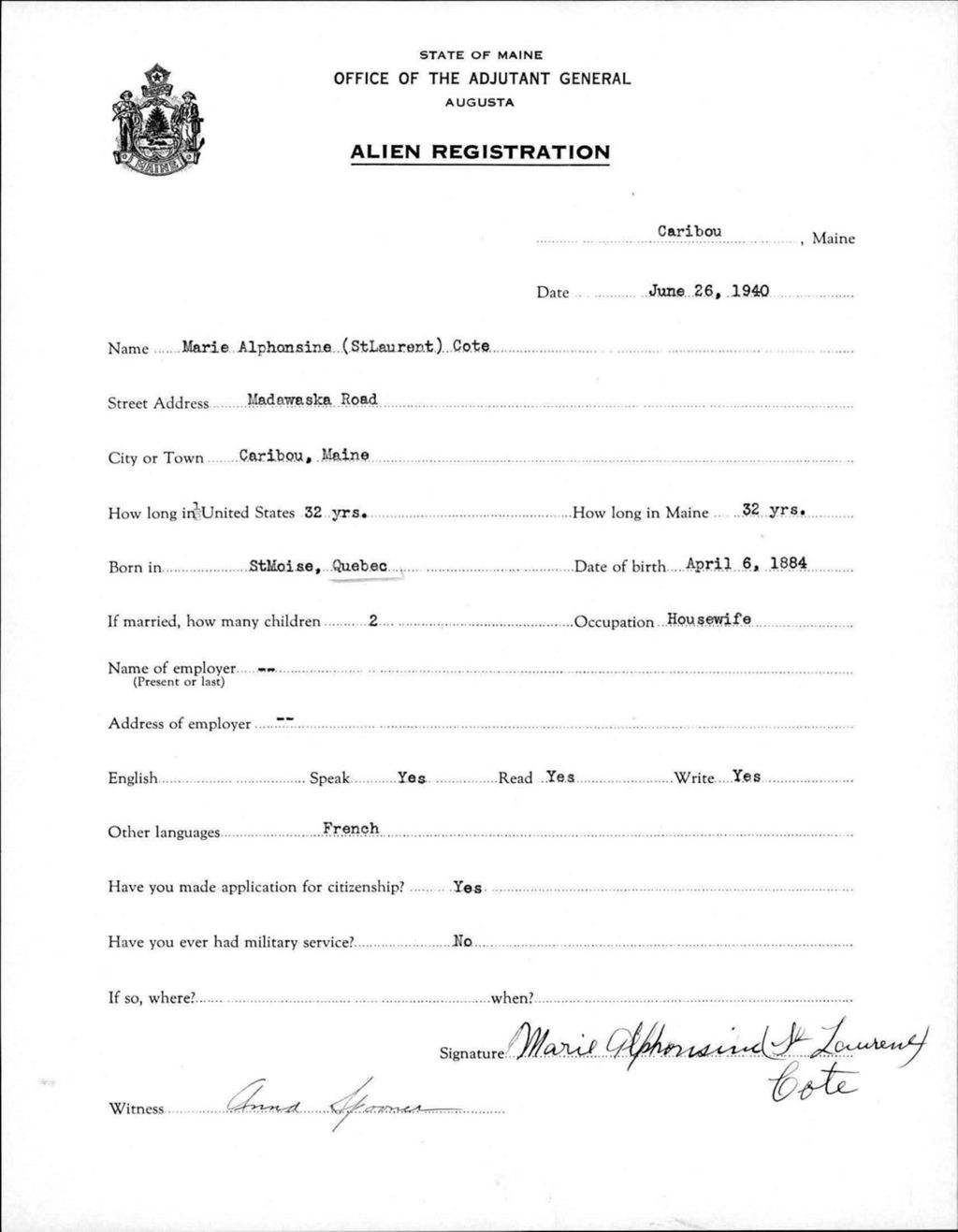 Miniature of Alien Registration- St Laurent, Marie A. (Caribou, Aroostook County)