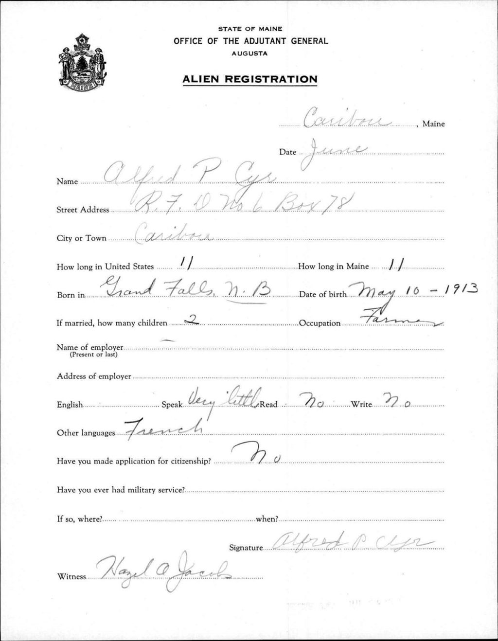 Miniature of Alien Registration- Cyr, Alfred P. (Caribou, Aroostook County)