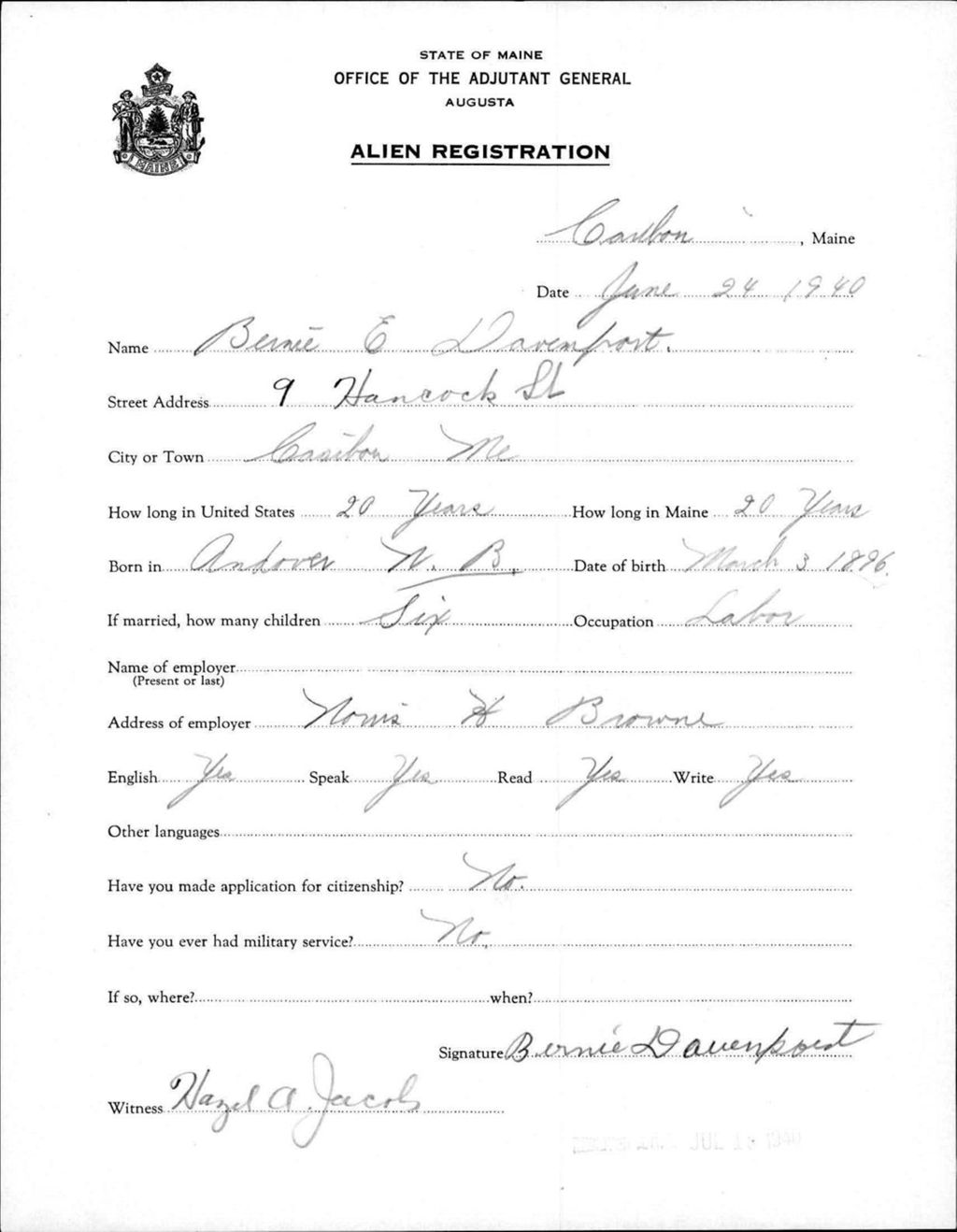 Miniature of Alien Registration- Davenport, Bernie E. (Caribou, Aroostook County)