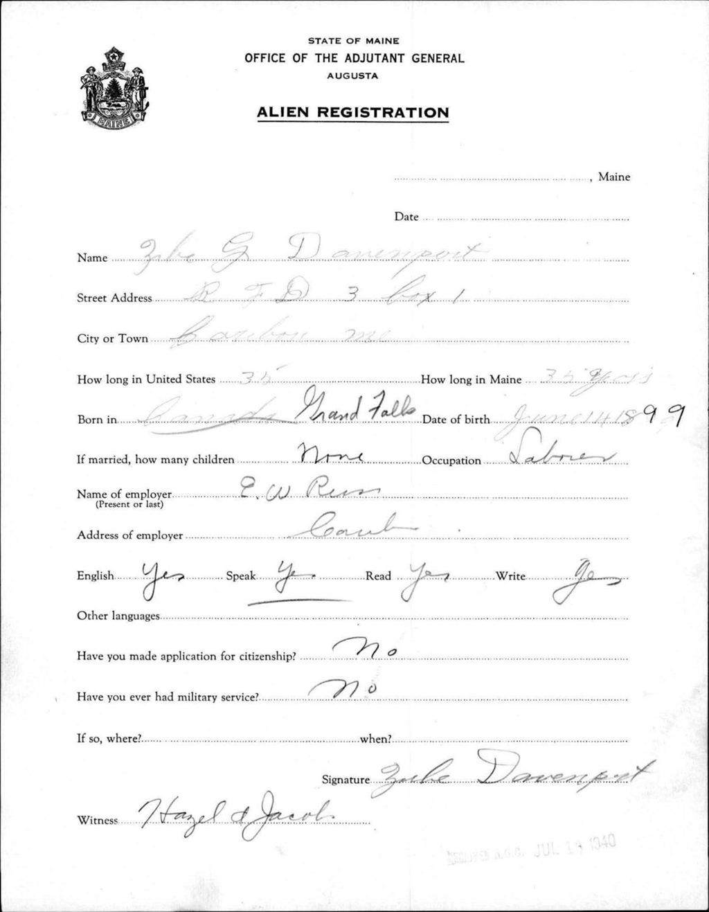 Miniature of Alien Registration- Davenport, Zabe G. (Caribou, Aroostook County)