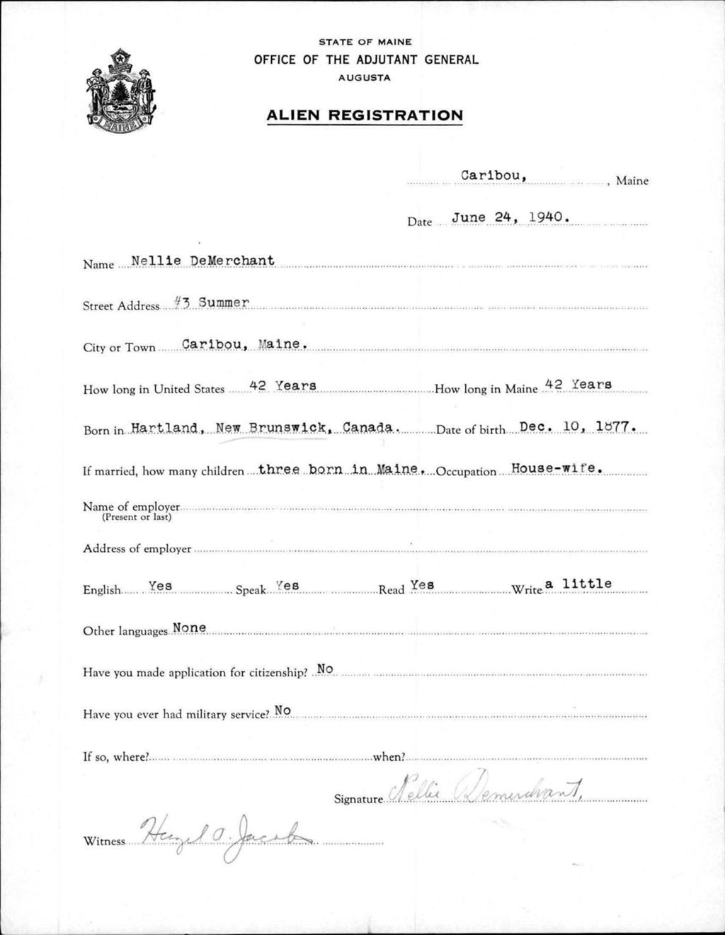 Miniature of Alien Registration- Demerchant, Nellie (Caribou, Aroostook County)