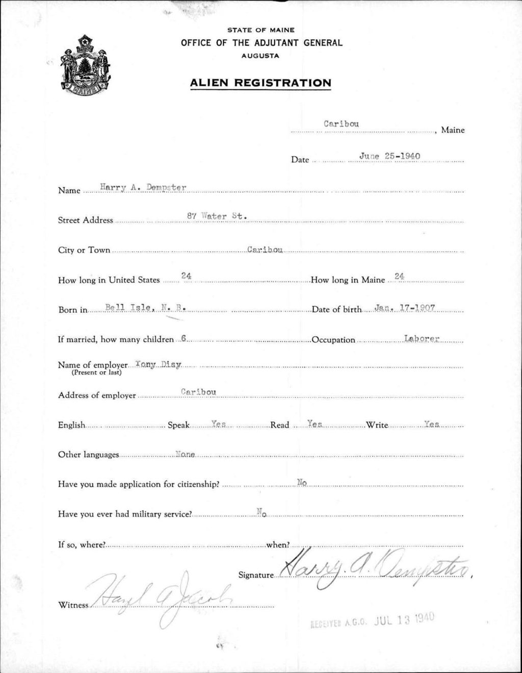 Miniature of Alien Registration- Dempster, Harry A. (Caribou, Aroostook County)