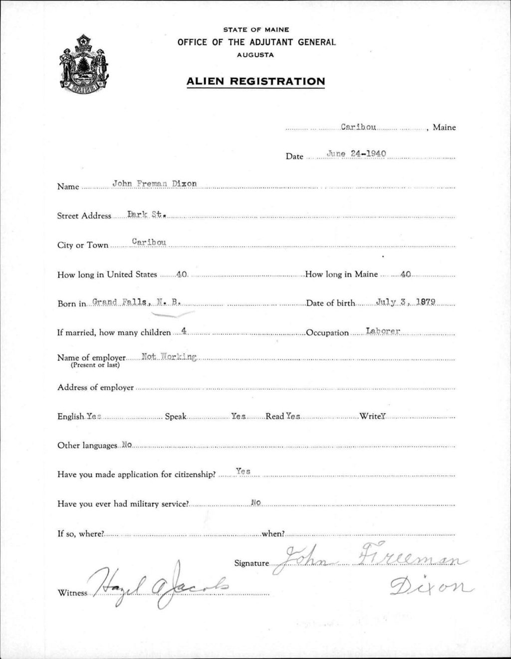 Miniature of Alien Registration- Dixon, John F. (Caribou, Aroostook County)