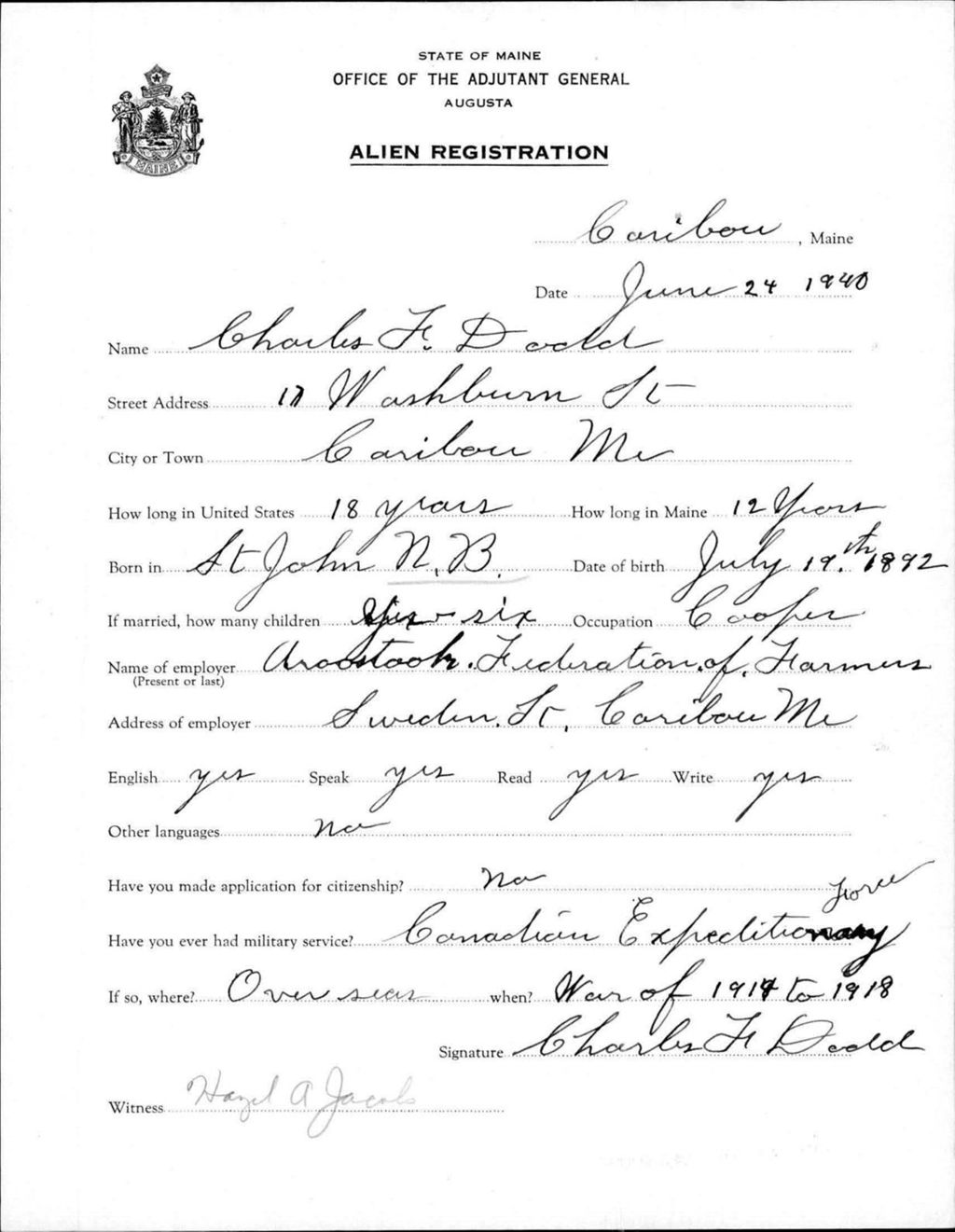 Miniature of Alien Registration- Dodd, Charles F. (Caribou, Aroostook County)